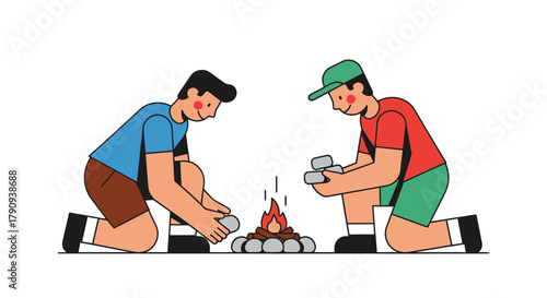 Two Campers Ignite Fire, Bonding Together in The Serene Wilderness Setting