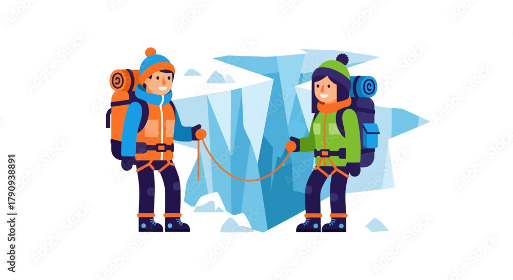 Fototapeta premium Two Climbers Ready To Ascend Icy Cliffs During An Adventure Expedition