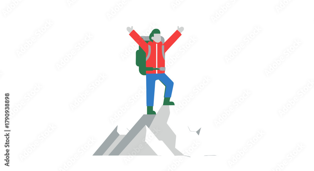 Fototapeta premium Triumphant Climber Standing At Mountain Peak Celebrates A Major Achievement In Life