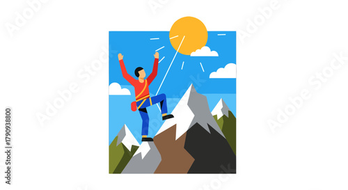 Triumphant Climber Reaching Summit Reaching for Success Under Sunlight, Vivid Illustration