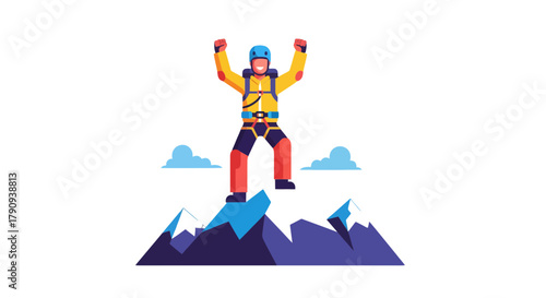 Triumphant Climber Reaching Summit Represents Achievement, Success, And Victory