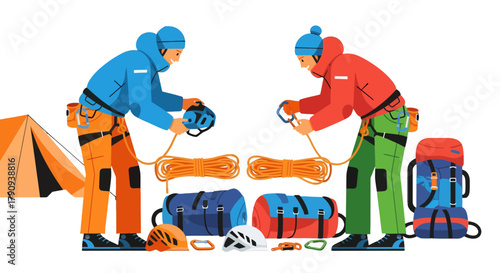 Two Climbers Preparing Equipment For A Mountain Expedition Adventure On Black Background