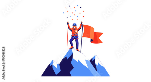 Triumphant Climber Reaching Summit With Flag Against The Night Sky Celebrating Victory