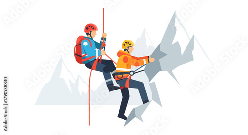 Two Climbers Reach Mountain Peak Against A Dark Background Depicting Adventure