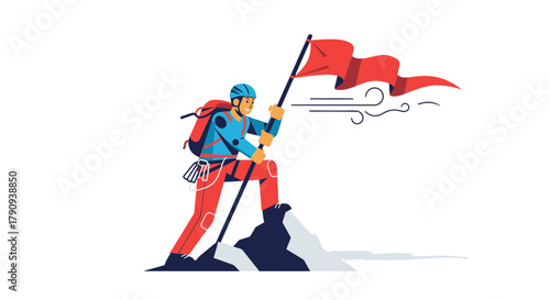 Triumphant Climber Reaching The Summit Waves The Flag Of Victory On The Mountain Peak