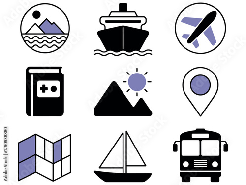 A collection of travel-related icons including a ship, airplane, and map.