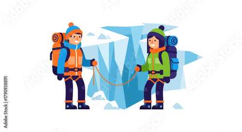 Two Climbers Ready To Ascend Icy Cliffs During An Adventure Expedition