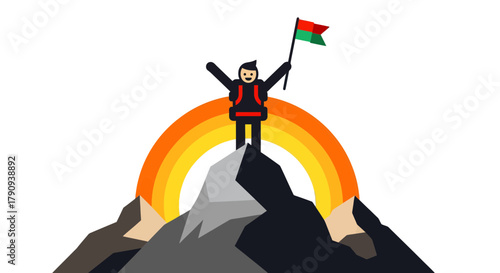 Triumphant Climber Reaching Summit With Flag Against The Rainbow Sky