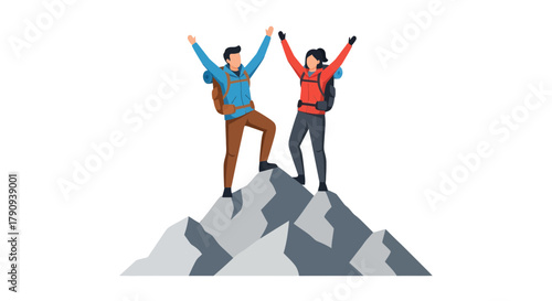 Triumphant Climbers Celebrates Successful Ascent Reaching Summit With Hands Raised High