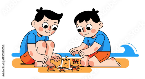 Two Enthralled Children Building Sandcastles And Making Friends At The Seaside