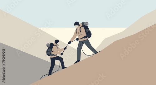 Two Figures Ascending Summit With Assistance Together As Support Collaboration And Achievement