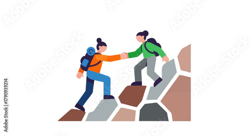 Two Figures Ascending a Rocky Slope, Offering Mutual Support and Overcoming Challenges