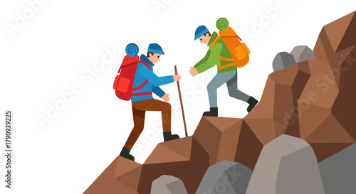 Two Figures Ascending a Rocky Terrain Depicting Teamwork And Hiking With Gear