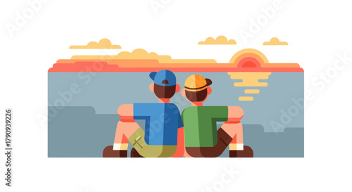 Two Figures Enjoying A Sunset On The Horizon Vector Illustration, Colorful Minimalist
