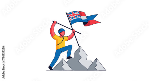 Triumphant Figure Holding Flag Atop Mountain Peak Demonstrating Success And Victory