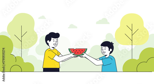 Two Figures Enjoying A Watermelon Slice In A Lush Park Environment
