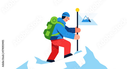 Triumphant Hiker Achieves Summit Victory and Plants a Flag with Determination