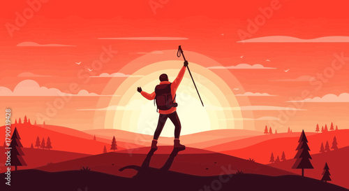 Triumphant Hiker Celebrates Success Reaching Summit During Sunset In Nature