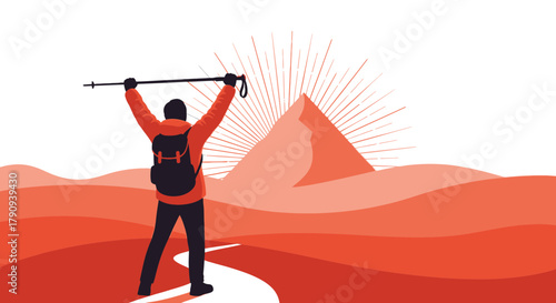 Triumphant Hiker Celebrates Success Reaching Summit During A Picturesque Sunrise