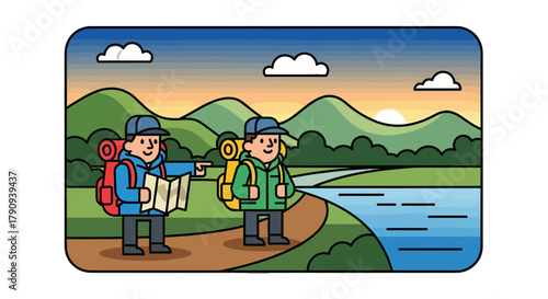 Two Figures Hiking Outdoors During Sunrise or Sunset Surrounded By Nature Scene