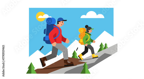 Two Figures Hiking Together Up A Steep Hill Into The Mountains With Backpacks