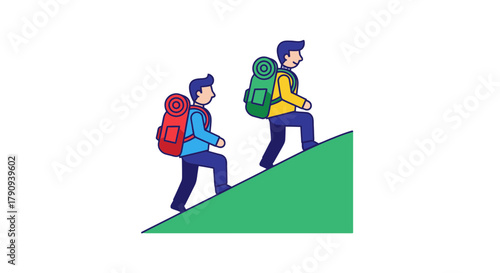 Two Figures on a Green Hillside Hiking Towards a Hidden Destination Reaching Success