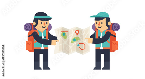 Two Figures on a Black Background Study a Colorful Illustrated Map Vector