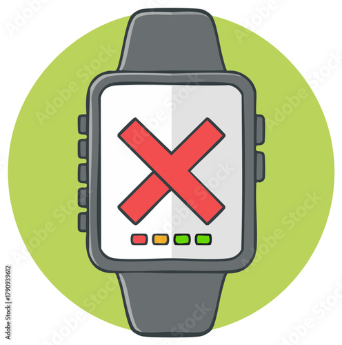 Illustrative smartwatch displaying a red X symbol representing failure cancellation or a problem