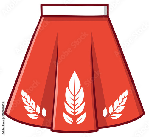 Vibrant red pleated skirt with elegant white botanical leaf design vector illustration