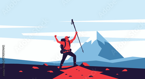 Triumphant Hiker On Mountain Peak Achievement And High Altitude Vector Illustration