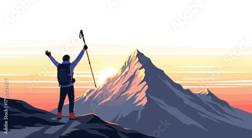 Triumphant Hiker On Mountain Peak Reaching For The Success In Beautiful Dawn