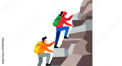 Two Figures Scaling a Rocky Ascent, Achieving New Heights, and Finding Success Together