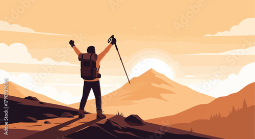 Triumphant Hiker On Mountain Reaches Peak, Celebrating Success Against Sunset Backdrop