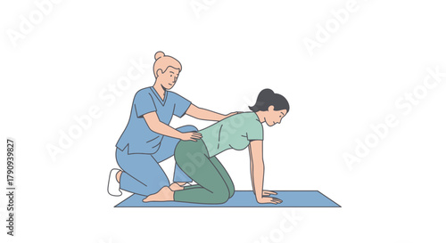 Physiotherapist assisting woman in quadruped exercise, therapeutic exercise for back pain relief and improved mobility on yoga mat.