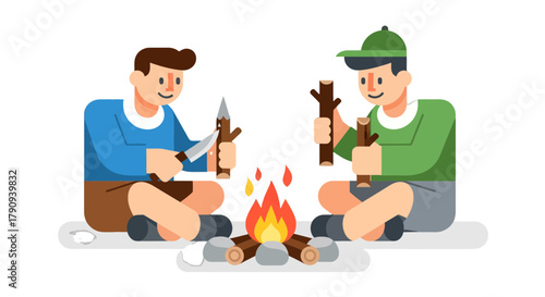 Two Friends Carving Sticks And Enjoying A Warm Campfire With Friendly Ambiance