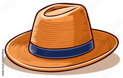 Classic straw fedora hat with a blue ribbon band vector illustration for summer fashion
