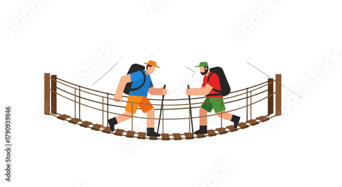 Two Figures Traverse A Suspension Bridge Illustrating Adventure Across Mountain Ranges