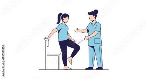 Physiotherapist explaining balance exercise using chair support. physical rehabilitation exercises for improved mobility and recovery in a clean, modern setting
