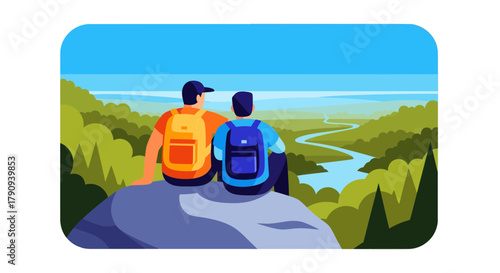 Two Friends Enjoy Majestic Vista From Mountain Peak, Admiring Natural Landscape