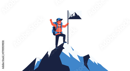 Triumphant Hiker On Summit Plants Flag Representing Overcoming Obstacles and Victory