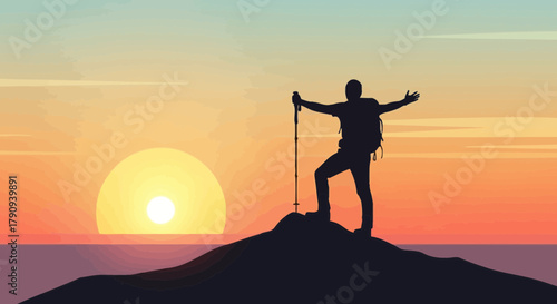 Triumphant Hiker On Summit Reaches Arms Toward Vibrant Sunset On Majestic Vista