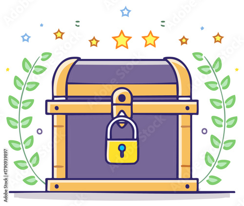 Magical Locked Treasure Chest with Stars and Laurel Wreath Game Asset Illustration