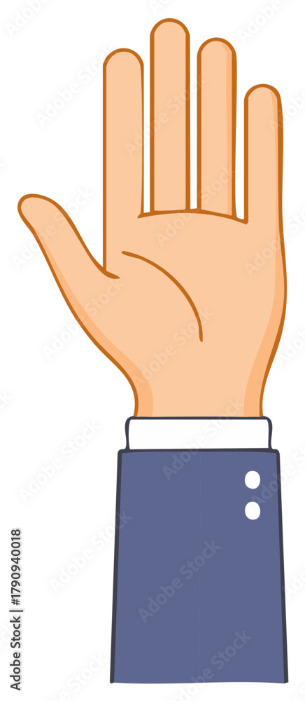 Obraz premium Cartoon Hand Up in a Suit Sleeve. Sign, signal, greeting, stop, or high-five. Vector illustration of a hand and suit sleeve.