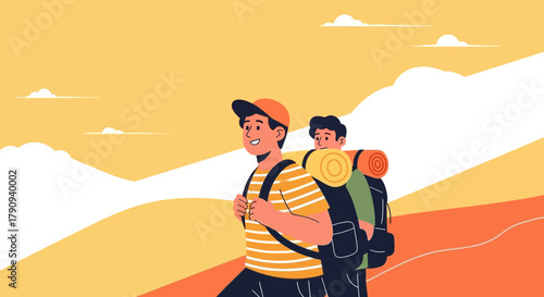 Two Friends Enjoying Hiking Adventure in the Mountains, Discovering Nature Together