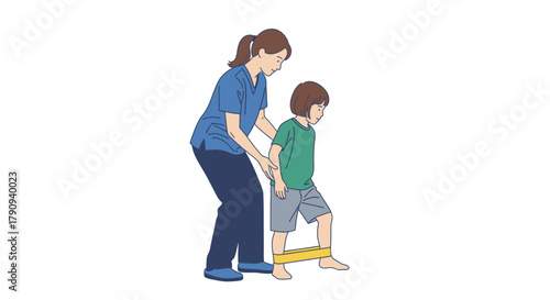 Pediatric physiotherapist guides child crucial leg strengthening exercise with resistance band for improved mobility and recovery.
