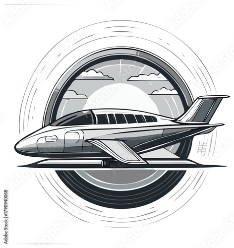 Monochrome plane design features clouds, sun, and circular frame in grayscale illustration.