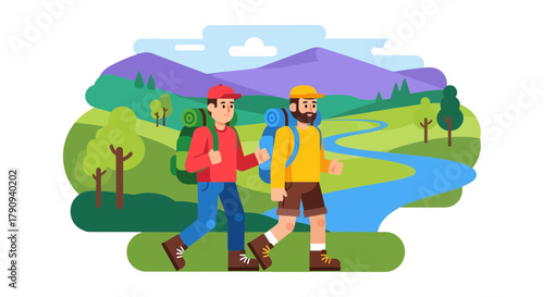 Two Friends Exploring and Trekking In Nature's Delightful Wilderness Expanse