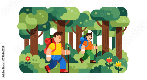 Two Friends Exploring A Dense Forest On A Hiking Adventure, Enjoying The Nature Trails