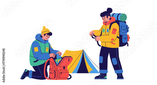 Two Friends Exploring In The Wilderness Preparing For An Exciting Camping Adventure