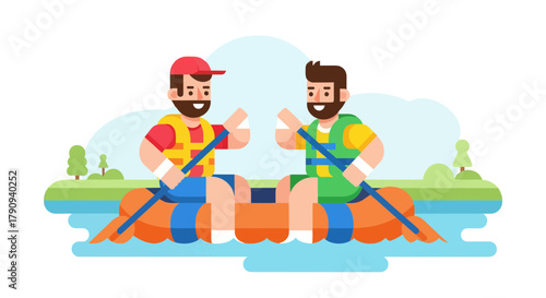 Two Friends Enjoying Whitewater Rafting Adventure During The Sunny Day Together